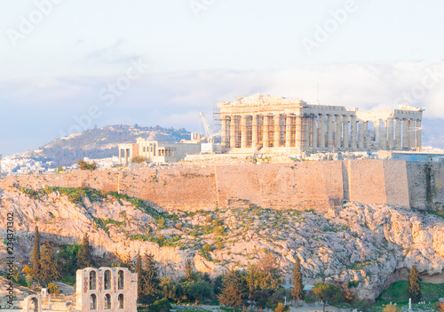Famous skyline of Athens with Acropolis hill with Pathenon temple, Athens Greece