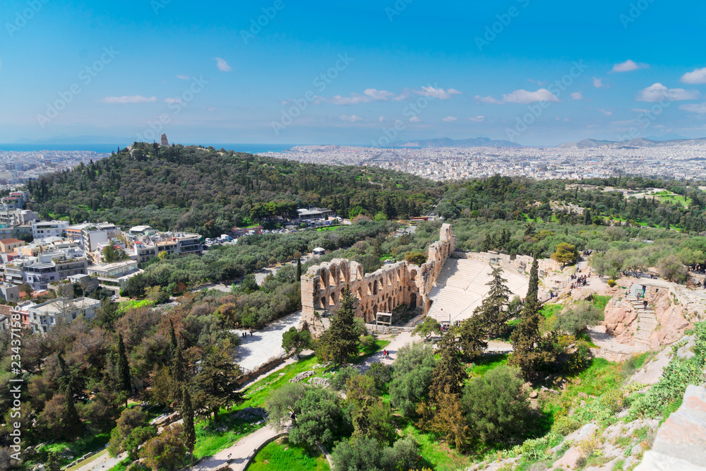 cityscape of Athens of Herodes Atticus amphitheater ruines of Acropolis, Athens, Greece