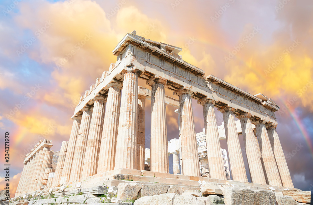 Parthenon temple over sunset sky background, Acropolis hill, Athens Greece