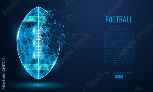 Abstract American football ball from particles, lines and triangles on blue background. Cyber technology rugby. All elements on a separate layers color can be changed in one click. Vector illustration