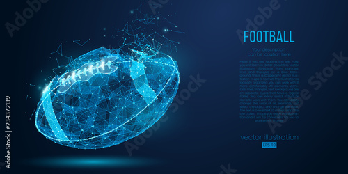 Abstract American football ball from particles, lines and triangles on blue background. Cyber technology rugby. All elements on a separate layers color can be changed in one click. Vector illustration