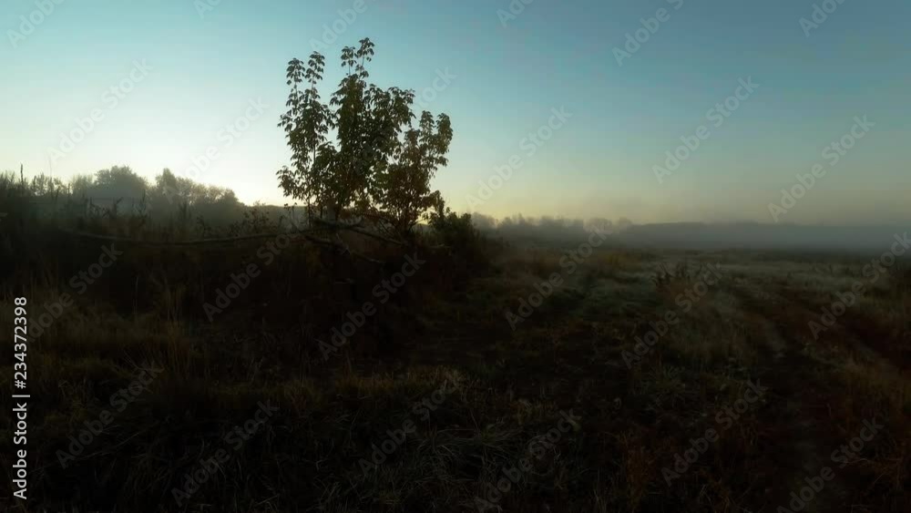 Road in the morning mist behind the village Road in the morning mist behind the village