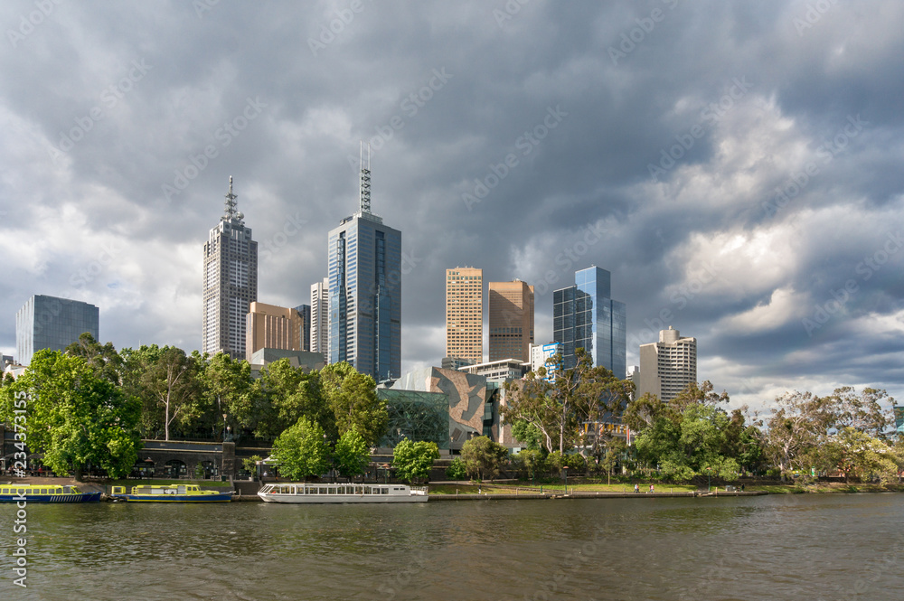 Melbourne CBD view with Yarra river on foreground