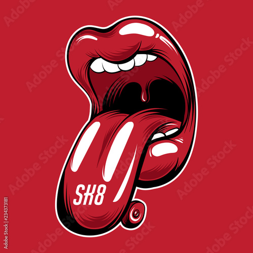 SK8. Vector placard with hand drawn surreal illustration of open mouth with skate. Creative colorful sketch. Template for card, poster, banner, print for t-shirt, pin, badge and patch.