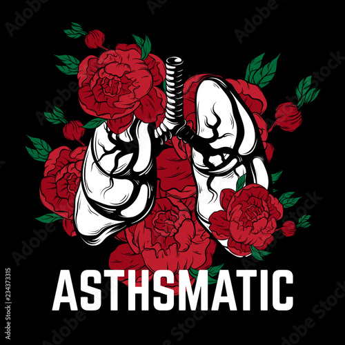 Vector hand drawn placard with lungs and flowers. Tattoo artwork. Template for card, poster, banner, print for t-shirt.