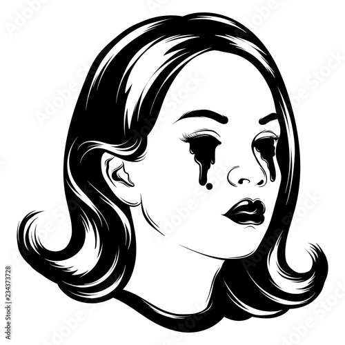 Vector hand drawn illustration of girl with bleeding eyes . Surreal tattoo artwork. Template for card, poster. banner, print for t-shirt, pin, badge, patch.