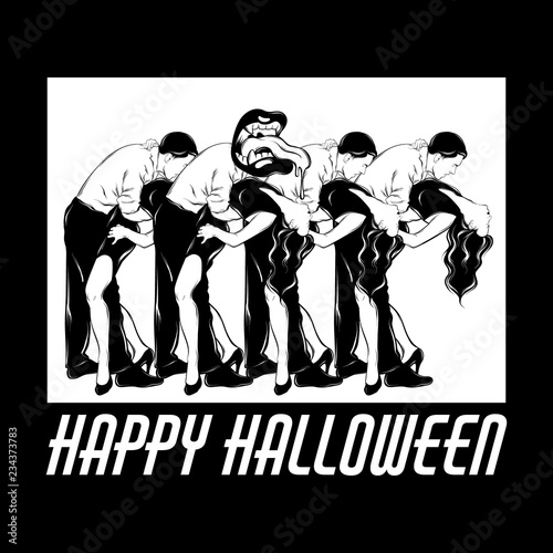 Vector hand drawn illustration of dancing couples with a monster among them . Template for card, poster. banner, print for t-shirt, pin, badge, patch.