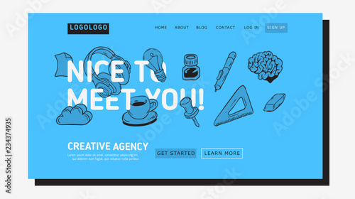 Creative Agency Office Landing Page Example Design For Web With Artistic Hand Drawn Sketchy Line Art Drawings Illustrations Of Essential Related Objects Of Every Day Working  Tools. Vector Graphic.	
