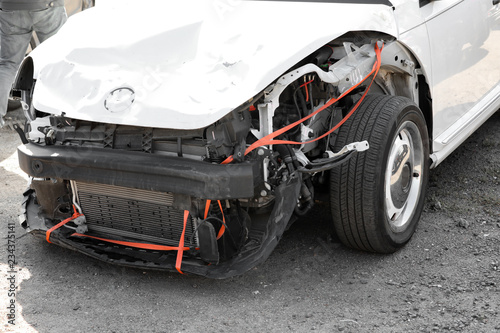 Broken car after road accident, closeup view. Auto insurance