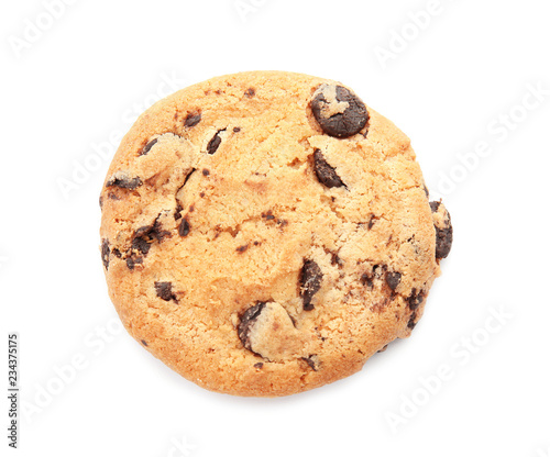 Tasty chocolate chip cookie on white background  top view