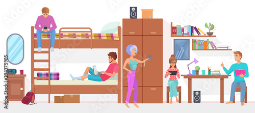 Group of student friends man and woman living and studying together at dormitory bedroom room in hostel vector illustration.