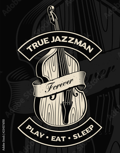 Vector illustration of double bass with ribbon, on the dark background.