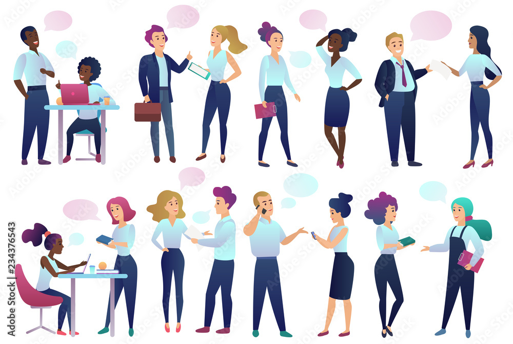 Office workers people with Chat Communication bubbles talking to each other. Male and female business people communicating and discussing with friends vector illustration. Office workers people with Chat Communication bubbles talking to each other. Male and female business people communicating and discussing with friends vector illustration.