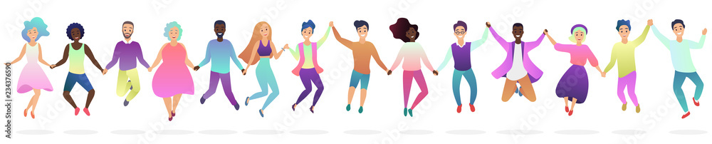People holding hands in a jumping together silhouette vector illustration.