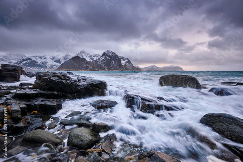 Rocky coast of fjord in Norway