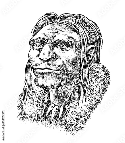 Primitive people. Prehistoric period, ancient tribe, cave barbarian man. Hand drawn sketch. Engraved monochrome illustration.