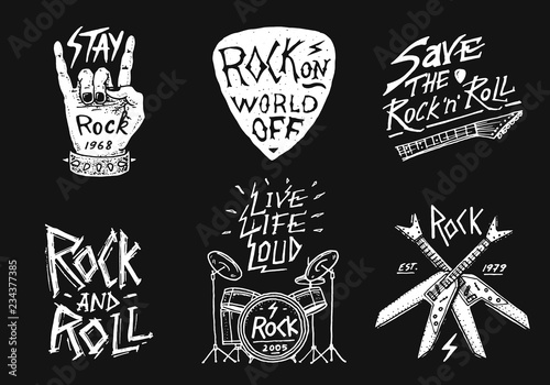 Set of Rock and Roll music symbols with Drums, Plectrum and machete. labels, logos. Heavy metal templates for design t-shirt, night party and festival. Hand drawn. Engraved sketch.