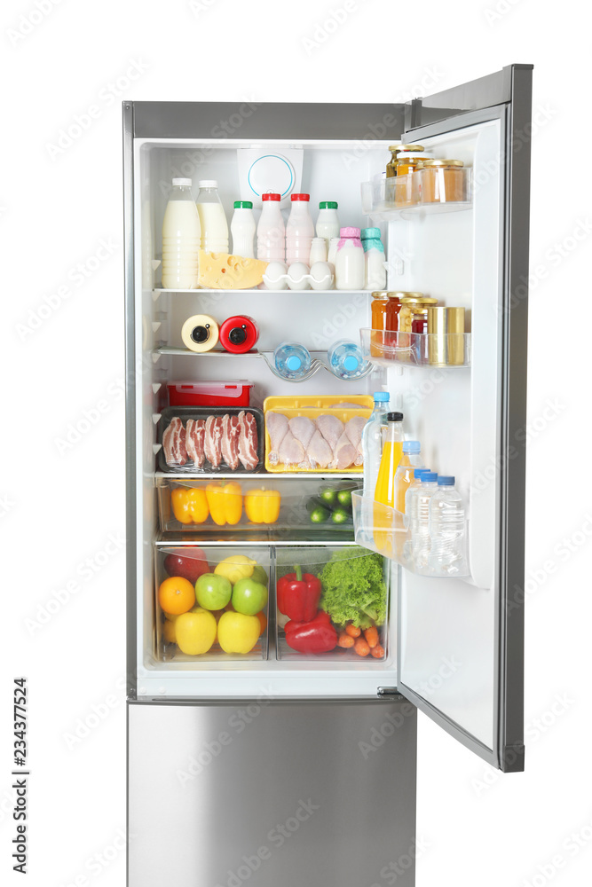 Open refrigerator with many different products on white background Open refrigerator with many different products on white background