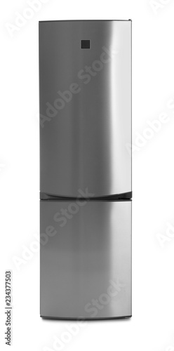 Modern double door refrigerator on white background