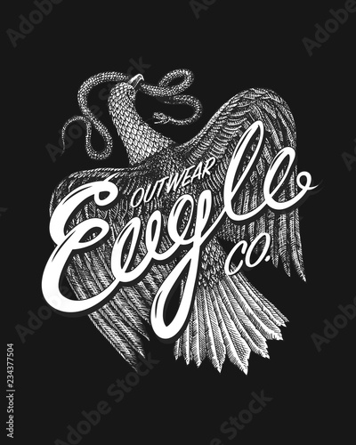 Aquila Symbol of Freedom. Wild Eagle, predatory bird. Vector hand drawn. Vintage template for t-shirt logo. Grunge label print. Engraved monochrome sketch.