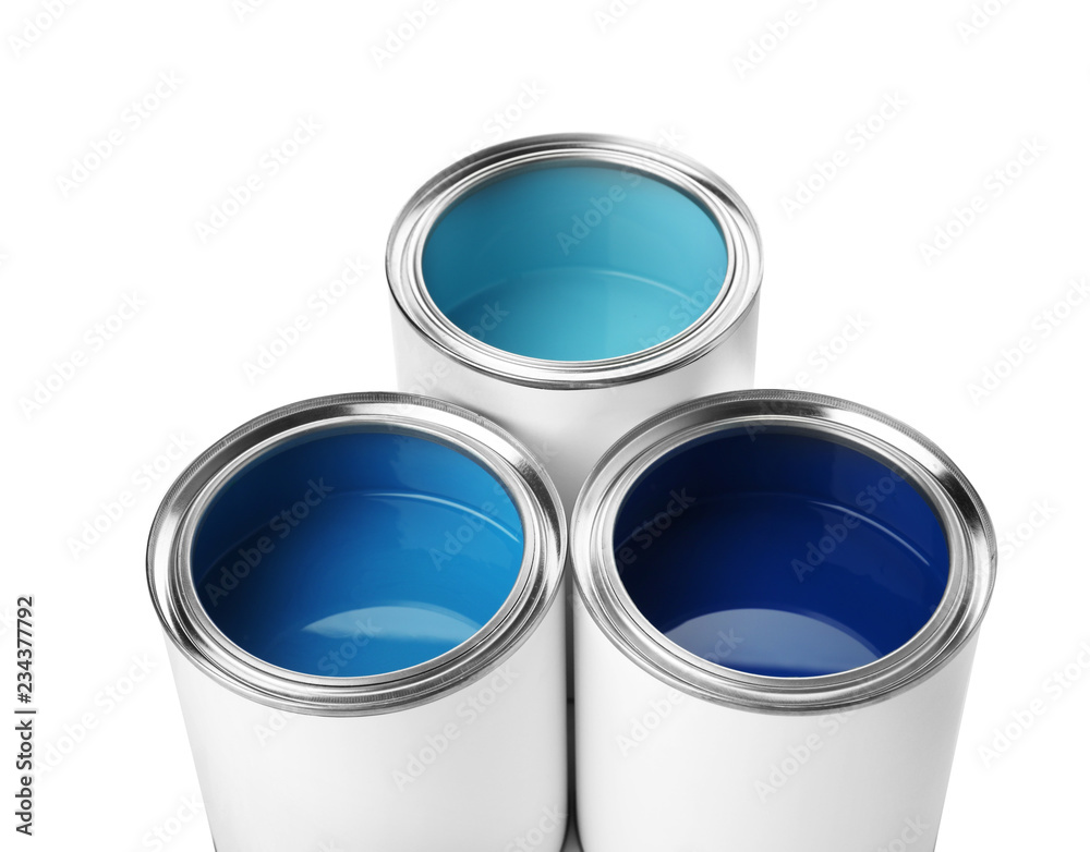 Open paint cans on white background, closeup Open paint cans on white background, closeup