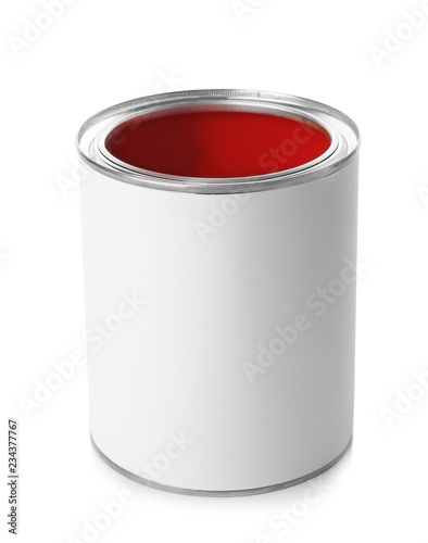 Open paint can on white background. Mockup for design