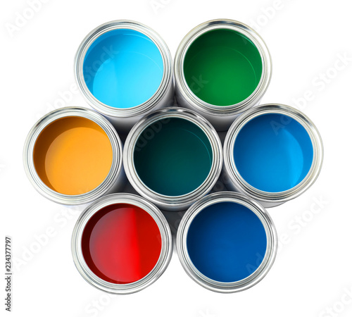 Open paint cans on white background, top view
