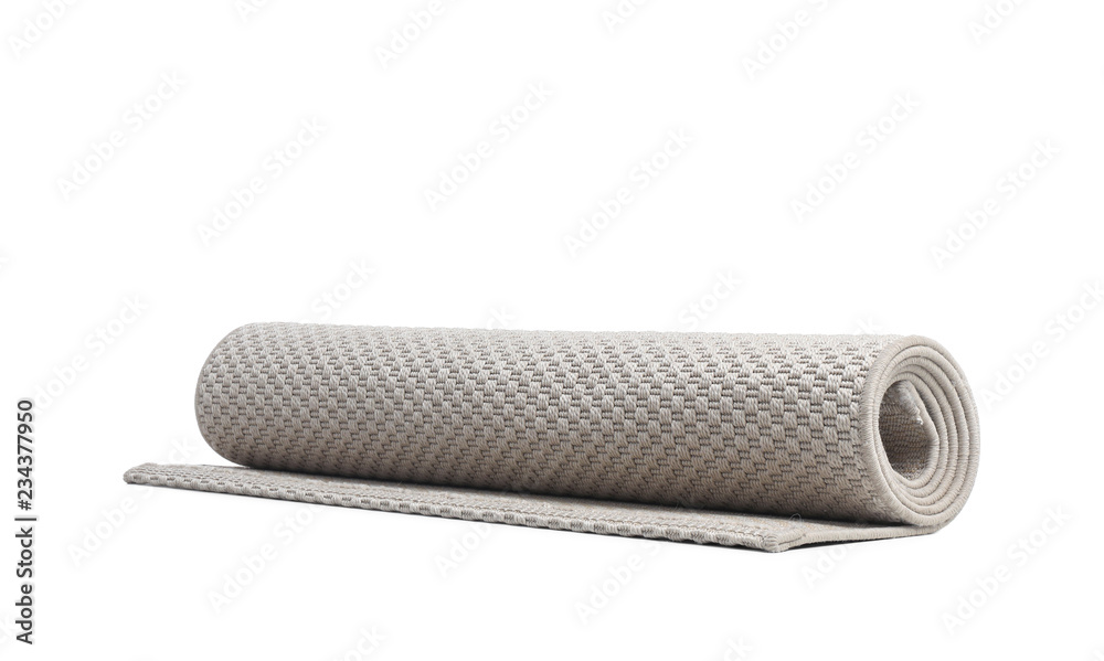 Rolled grey carpet on white background. Interior element