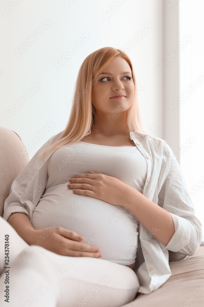 Beautiful pregnant woman resting on sofa at home Beautiful pregnant woman resting on sofa at home