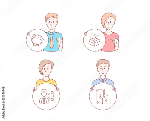 People set of Recycle, Third party and Creative idea icons. Private payment sign. Recycling waste, Team leader, Lightning. Secure finance. Character hold circle button. Payment vector