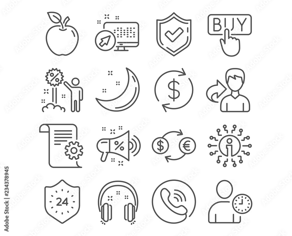Set of 24 hours, Discount and Headphones icons. Technical documentation, Usd exchange and Sale megaphone signs. Buying, Currency exchange and Time management symbols. Sale vector Set of 24 hours, Discount and Headphones icons. Technical documentation, Usd exchange and Sale megaphone signs. Buying, Currency exchange and Time management symbols. Sale vector