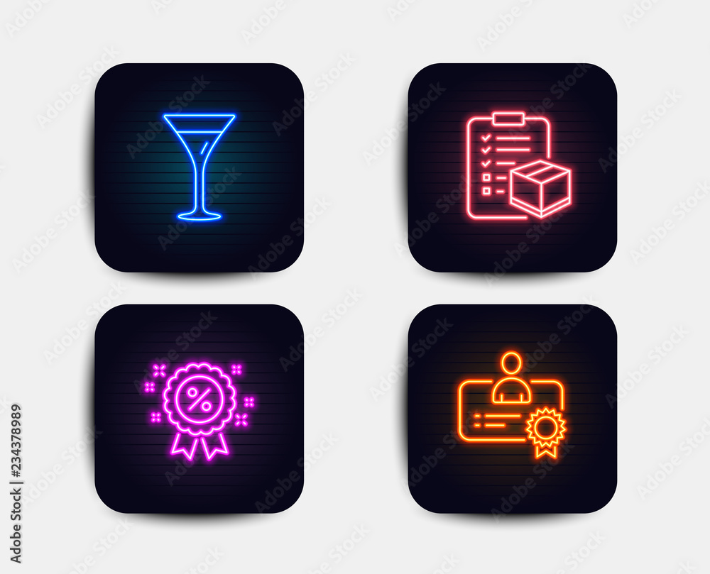 Neon set of Discount, Martini glass and Parcel checklist icons. Certificate sign. Sale shopping, Wine, Logistics check. Best employee. Neon discount icons. Glowing light banners. Vector Neon set of Discount, Martini glass and Parcel checklist icons. Certificate sign. Sale shopping, Wine, Logistics check. Best employee. Neon discount icons. Glowing light banners. Vector