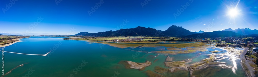 Reservoir Forggensee with little water and sandbanks, Schwangau, Füssen region, Ostallgäu, Bavaria, Germany