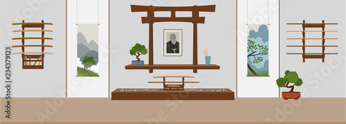 Dojo in asian style. Suitable for oriental martial arts such as aikido, judo, karate, jiu-jitsu, budo. Flat vector Illustration.