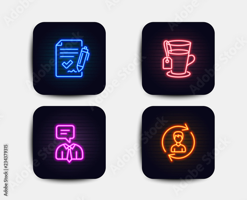Neon set of Approved agreement  Support service and Tea icons. Human resources sign. Signature document  Human talking  Glass mug. Update profile. Neon icons. Glowing light banners