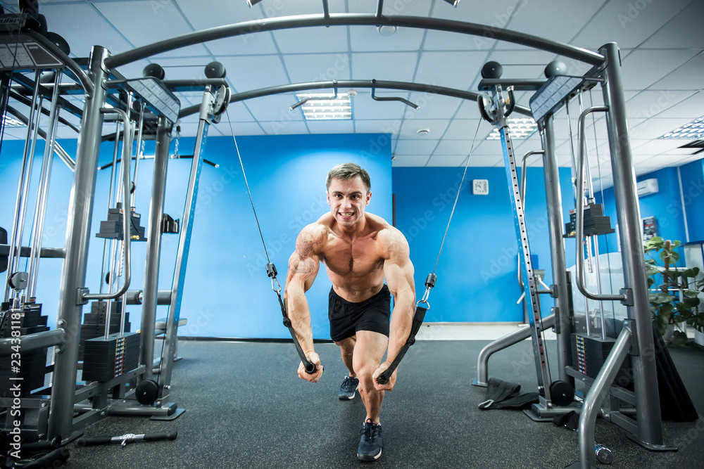 Young Bodybuilder Is Working On His Chest With Cable Crossover In Gym Young Bodybuilder Is Working On His Chest With Cable Crossover In Gym