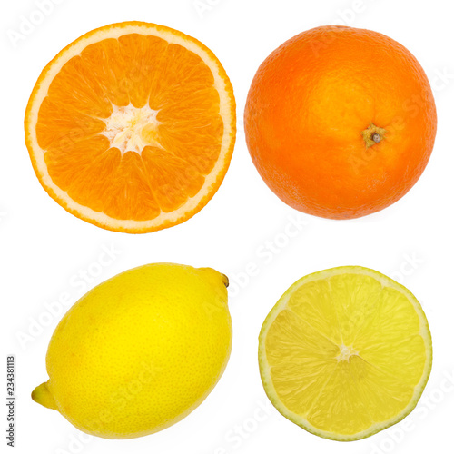 Citrus fruit. Orange, lemon. whole fruits and slices isolated on white background