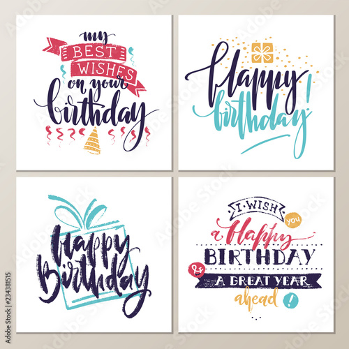 Birthday cards. Various words about birthday on white background. Holiday design for cards, invitations and banners.