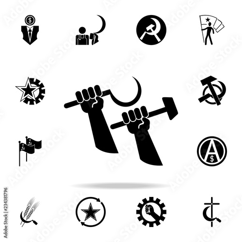 Hands holding a sickle and a hammer icon. Detailed set of communism and socialism icons. Premium graphic design. One of the collection icons for websites, web design, mobile app