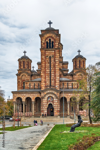 Belgrade, Serbia - November 17, 2018:  St. Mark's Church and monument of Pavle ( English: Paul 11 September 1914 – 15 November 2009) the 44th Patriarch of the Serbian Orthodox Church. photo