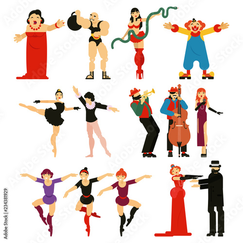 Actor vector performer or actress character playing musical entertainment performance in theater opera illustration set of ballerina dancing ballet and clown strong man isolated on white background