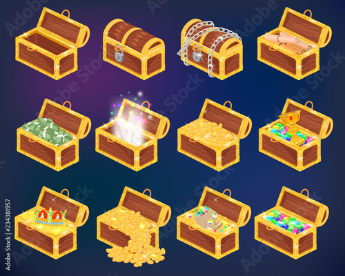 Chest vector treasure box with gold money wealth or wooden pirate chests with golden coins and ancient jewels illustration isometric set of chested treasury box isolated on background