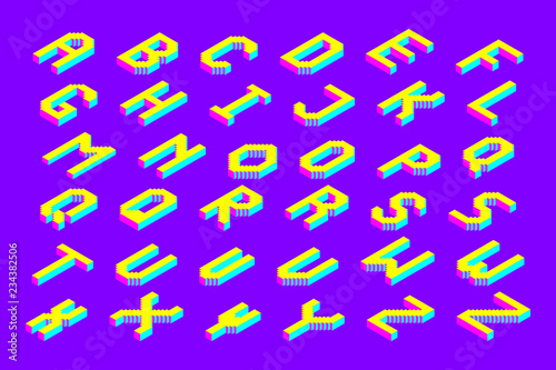 bold colorful isometric pixel 3d font. modern bright uppercase geometric alphabet letters set. stock vector illustration clipart