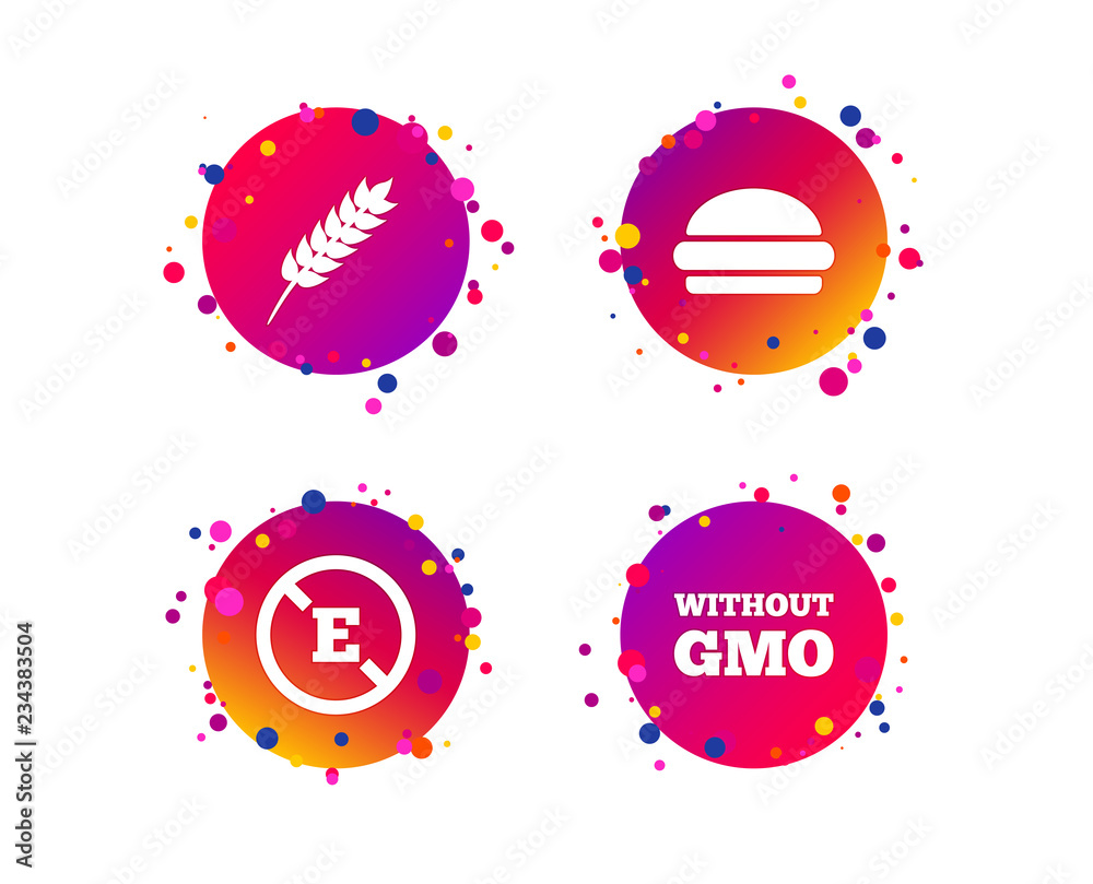 Food additive icon. Hamburger fast food sign. Gluten free and No GMO symbols. Without E acid stabilizers. Gradient circle buttons with icons. Random dots design. Vector Food additive icon. Hamburger fast food sign. Gluten free and No GMO symbols. Without E acid stabilizers. Gradient circle buttons with icons. Random dots design. Vector