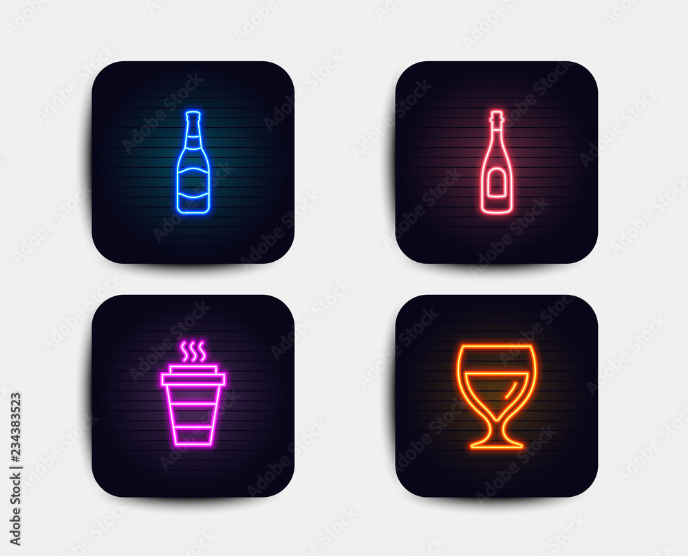 Neon set of Champagne, Beer bottle and Takeaway icons. Wine glass sign. Celebration drink, Brewery, Takeout coffee. Cabernet wineglass. Neon icons. Glowing light banners. Vector Neon set of Champagne, Beer bottle and Takeaway icons. Wine glass sign. Celebration drink, Brewery, Takeout coffee. Cabernet wineglass. Neon icons. Glowing light banners. Vector