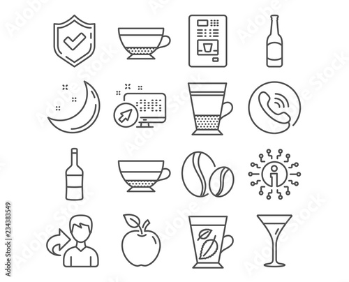 Set of Wine, Beer and Coffee vending icons. Coffee beans, Martini glass and Dry cappuccino signs. Double latte, Mint leaves and Americano symbols. Merlot bottle, Bar drink, Whole bean. Vector