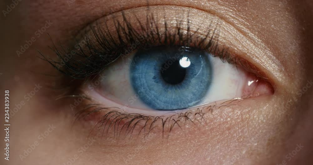 close up macro blue eye opening human iris natural beauty