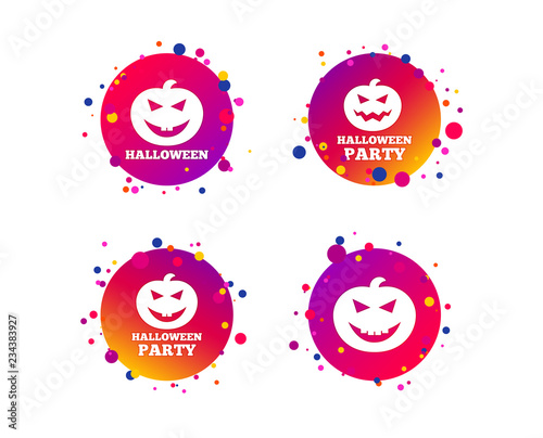 Halloween pumpkin icons. Halloween party sign symbol. All Hallows Day celebration. Gradient circle buttons with icons. Random dots design. Vector