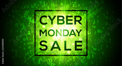 Cyber Monday Sale on digital binary code 1 and 0 numbers green vector background in matrix style