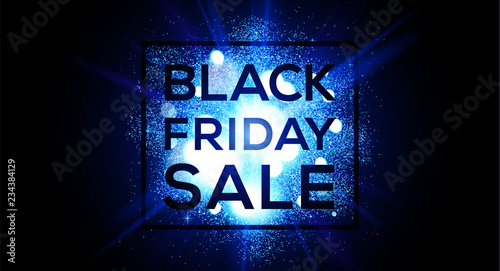 Black Friday Sale on blue flash explosion vector flyer template. Web site header horizontal banner